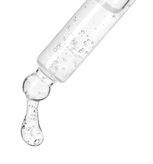 Dropper with clear cosmetic oil on white background