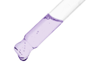 Dropper with violet cosmetic oil on white background