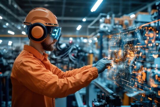 A technician in protective gear interacts with a holographic display screen in a factory, showcasing the integration of augmented reality and digital interfaces in industrial settings.