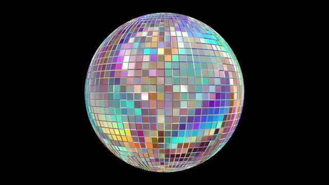 Colorful pastel 3D disco mirror ball abstract retro reflective spinning night club, party, event background looping animation with alpha matte.