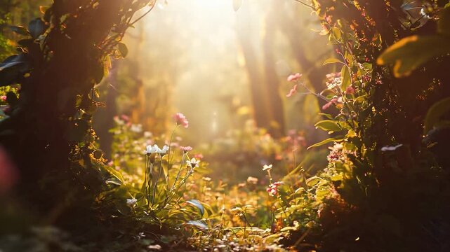 Fantasy mysterious tunnel with blooming flowers in the forest. Spring background.