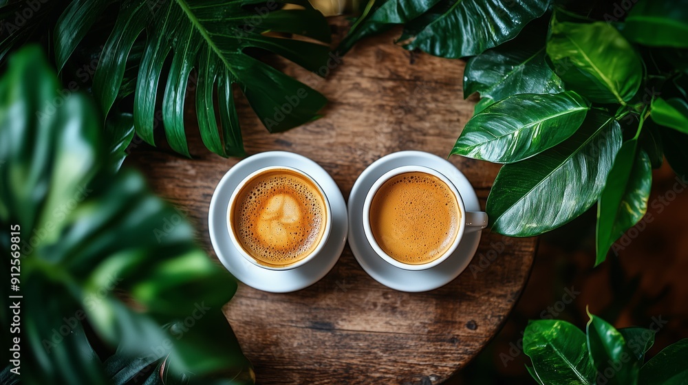 Wall mural two cups of coffee on a rustic wooden table, surrounded by lush green leaves, creating a cozy nature