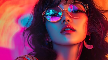 Fototapeta premium Close-up of a stylish woman wearing sunglasses, illuminated by vibrant neon lights, creating a futuristic and colorful mood.