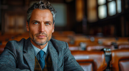 Fototapeta premium A man in a gray suit and tie sits in a room with wooden chairs. He is wearing a blue tie and has a serious expression on his face
