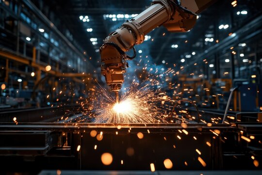 A robotic arm is carrying out a precise welding task in a high-tech factory, generating an array of sparks while operating efficiently.