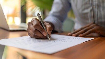 person is sitting at a table writing with a pen on a piece of paper contract