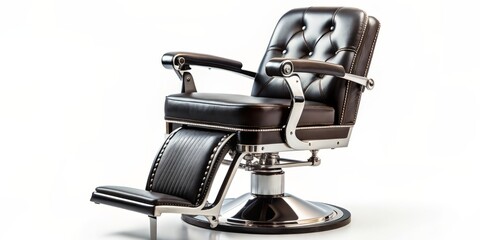 A sleek, black, vintage-style barber's chair stands isolated against a pristine white background, its curved lines and ornate details evoking a sense of nostalgia.