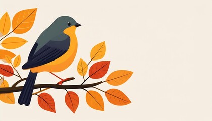 Cute bird on branch in flat design. Birdie sits on autumn leaves twig. Vector illustration isolated. Template, invitation or greeting cad