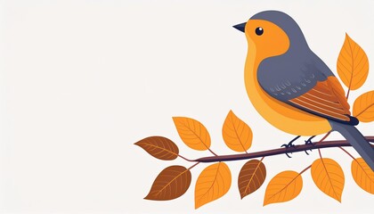 Fototapeta premium Cute bird on branch in flat design. Birdie sits on autumn leaves twig. Vector illustration isolated. Template, invitation or greeting cad