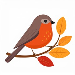 Cute bird on branch in flat design. Birdie sits on autumn leaves twig. Vector illustration isolated. Template, invitation or greeting cad