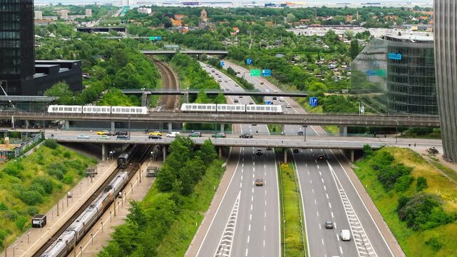 Aerial drone view of the European route E20 on a cloudy day
