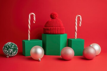 Abstract background for branding and minimal presentation with Xmas concept. Cute candy canes, woolen hat and baubles decorated with green podiums on red background, ai