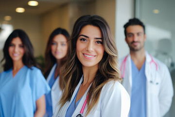 Positive chief doctor woman posing for group portrait with diverse medical professional colleagues