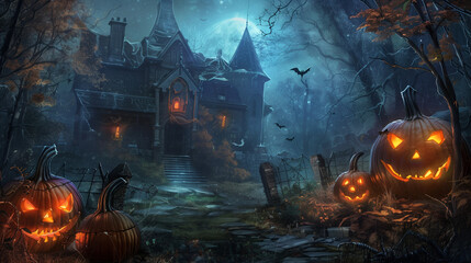 Mysterious haunted house surrounded by glowing pumpkins and dark forest, halloween scene 