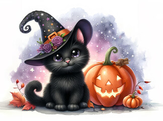  A Cute watercolor illustration with a Halloween theme featuring a black cat wearing a witch hat and a yellow pumpkin