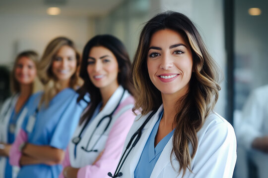 Positive chief doctor woman posing for group portrait with diverse medical professional colleagues