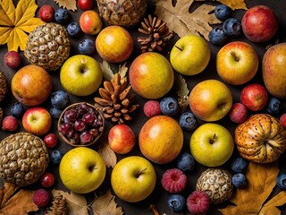 Autumn background with apples, berries, leaves, cones and acorns