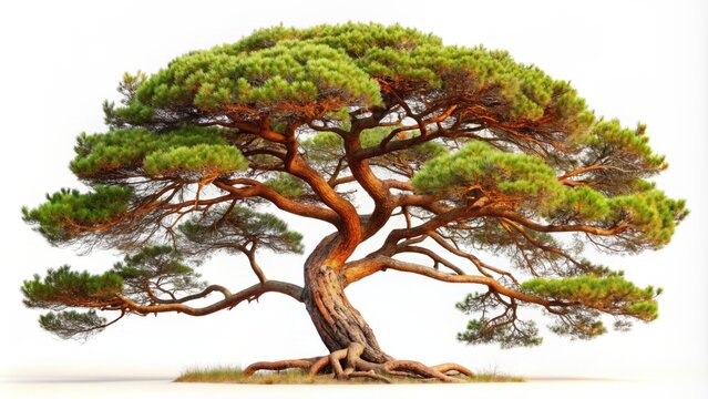 Isolated Scots pine tree with twisted branches and rusty-red bark stands out against a clean white background, showcasing its unique, rugged beauty.