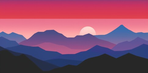Obraz premium Minimalist sunset over layered mountain silhouettes