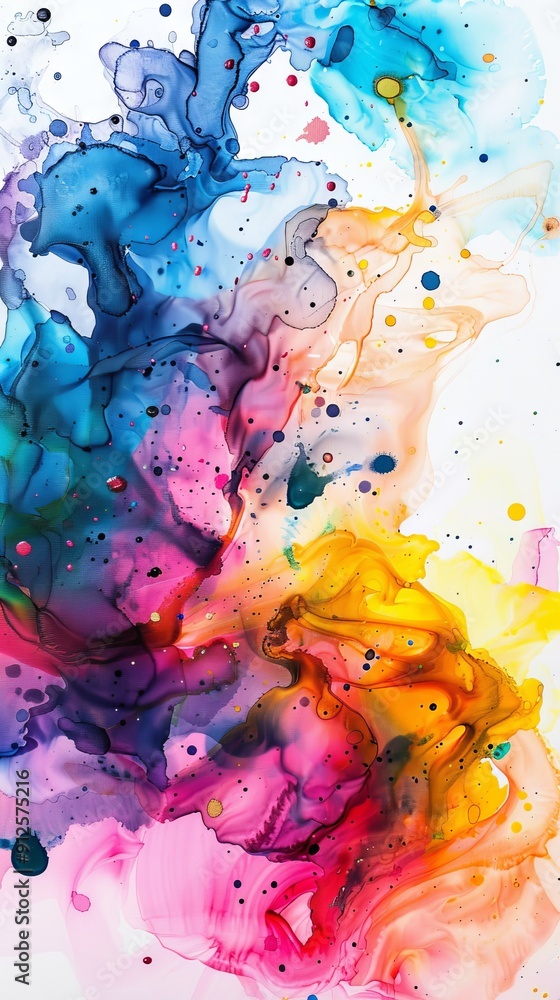 Poster Colorful Ink Splashes on White Background with Dynamic Movement