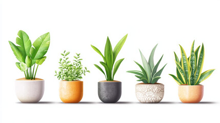 realistic, illustration, potted plants, lush green leaves, unique textures, varying designs, varying colors, varying sizes, cohesive aesthetic, white background, clean, minimalist, natural beauty, det