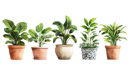 realistic, illustration, potted plants, lush green leaves, unique textures, varying designs, varying colors, varying sizes, cohesive aesthetic, white background, clean, minimalist, natural beauty, det