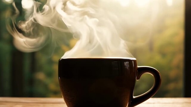 A cup of aromatic hot tea or coffee stands on a wooden table by the window of a country house in the forest. Morning with an aromatic drink that charges you with energy for the whole day.