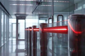 Electronic access control turnstile gate blocking entrance to office corridor