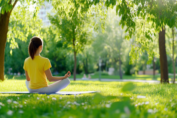 A woman meditating in the park on her yoga mat, enjoying nature and self-care during sunrise or sunset.