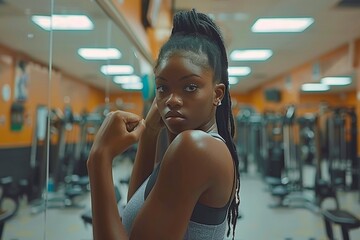 A determined young African American woman in a fitness studio wearing a grey tank top and black leggings, striking a powerful boxing pose with her left fist raised.