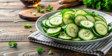 Fresh organic cucumber slices in a healthy vegetarian salad, cucumber, vegetable, green, isolated, fresh, vegetarian, organic, white
