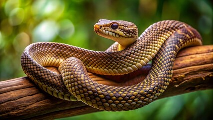 Naklejka premium Venomous snake coiled on a branch, blending into surroundings, snake, venomous, dangerous, wildlife, reptile, predator, camouflage