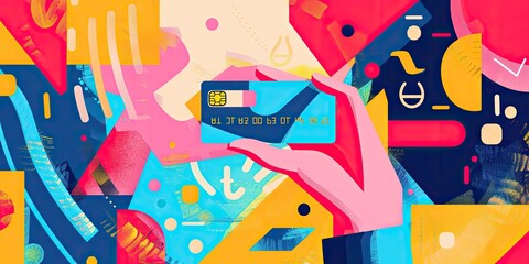 Abstract art with hand holding credit card.