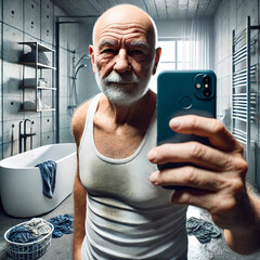 An older bald man taking a selfie with his phone in a modern but untidy bathroom. He is wearing a white but dirty undershirt. The bathroom has a modern design but is not well-kept.