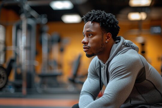An African American man in a gym wearing a gray hoodie sits on a bench, surrounded by weightlifting equipment, looking contemplative and ready for his next workout session.