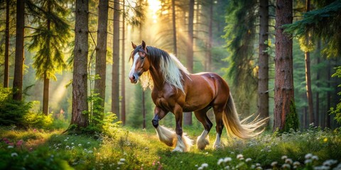 Majestic Tinker horse roams freely in a serene forest clearing, surrounded by tall trees, lush greenery, and vibrant wildflowers, exuding natural elegance and grace.