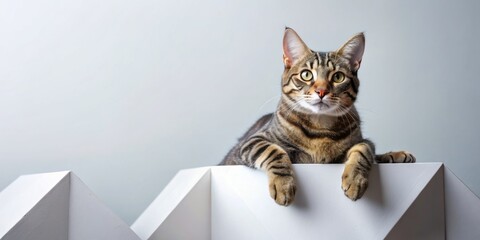 Adorable whiskered feline sprawled on sleek, geometric cat climber, gazing upward, surrounded by negative space, perfect for overlaying text or design elements.
