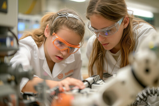 Two teenage girls assembling a robot at school, robotics classes in high school, girls dressed in white science coats.