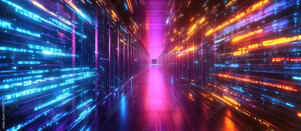 Poster vibrant data streams flowing within a modern data center