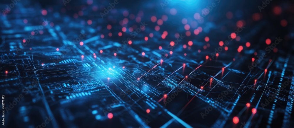 Poster digital illustration of interconnected networks and financial data processing on a dark backdrop con