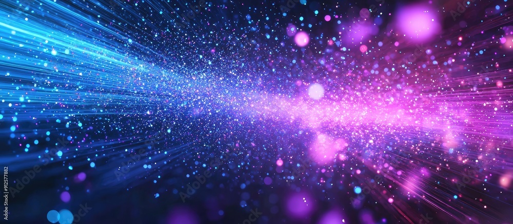 Poster futuristic abstract technology backdrop featuring glowing purple and blue particle lines amidst a co
