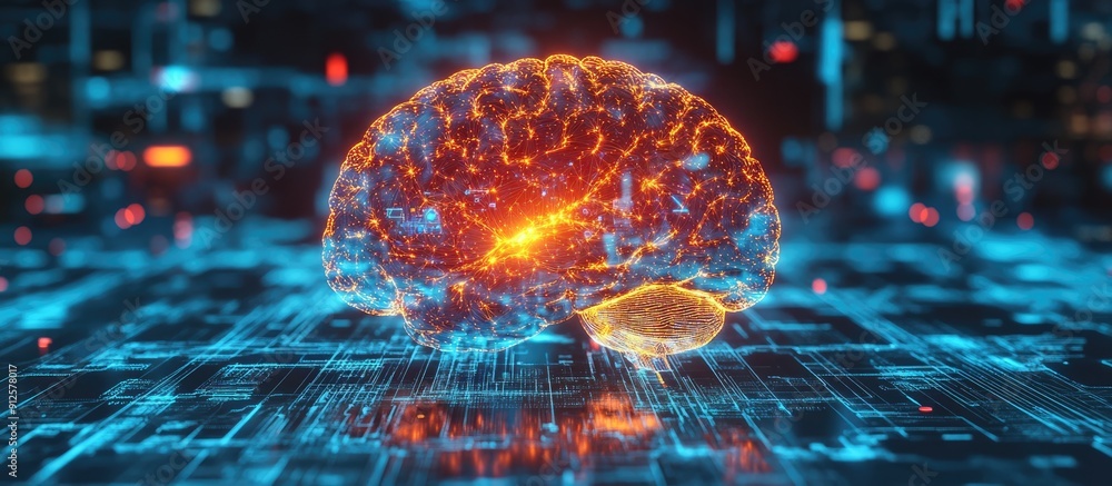 Poster holographic digital brain with ai and deep learning elements business technology and internet networ