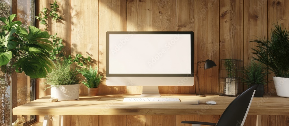 Poster modern wooden coworking space featuring a blank computer display showcasing furniture and technology