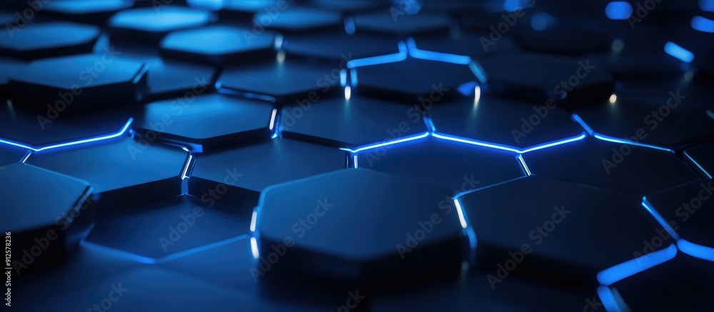 Poster glowing blue hexagonal pattern on a dark background representing modern technology 3d rendering