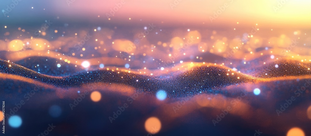 Poster futuristic abstract landscape featuring dynamic particles and glowing energy dots with a blurred eff