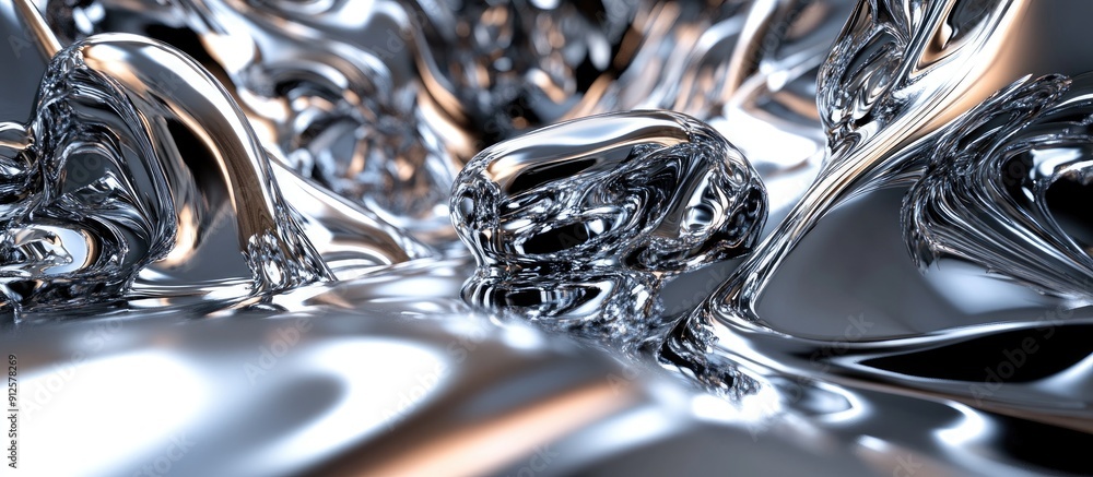 Poster elegant abstract 3d rendering of organic chrome reflections on a metallic surface with geometric sha