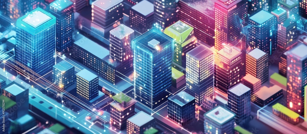 Poster isometric representation of ai powered smart city utilizing neural network technology for sustainabl
