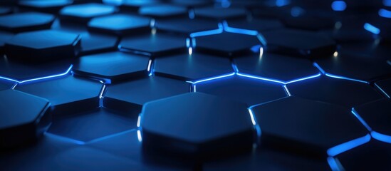 Fototapeta premium Glowing blue hexagonal pattern on a dark background representing modern technology 3D rendering
