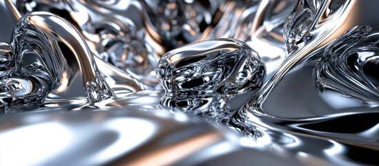 Elegant Abstract 3D Rendering of Organic Chrome Reflections on a Metallic Surface with Geometric Shapes and Creatures