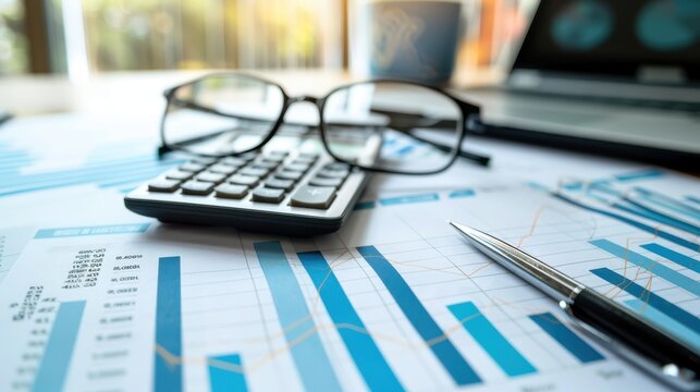 Calculating financial data with graphs and tools on a desk in the morning sunlight